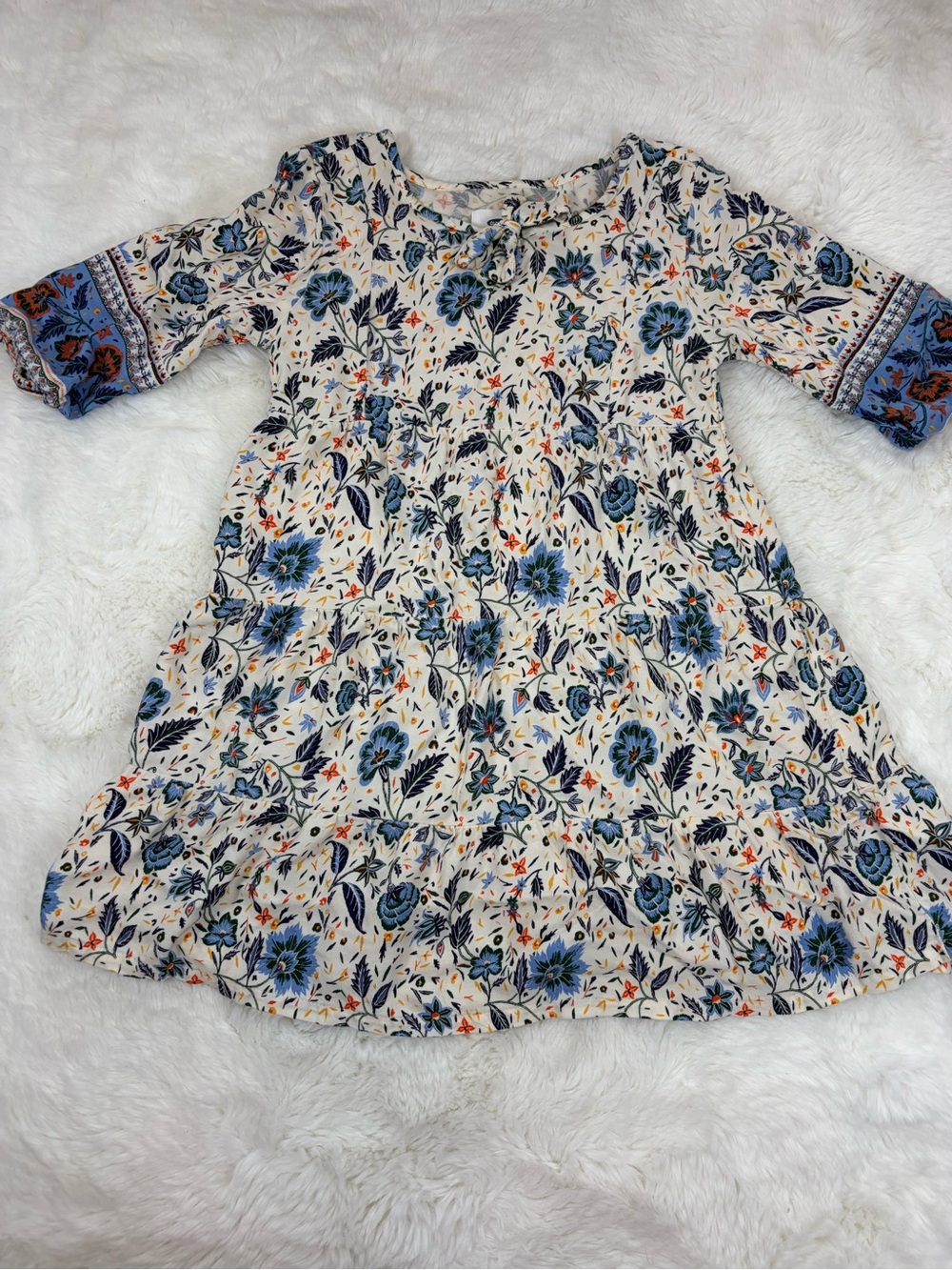 Old Navy Boho Flowy Dress With Botanical Floral Print 3/4 Sleeve Girls 6-7 Years